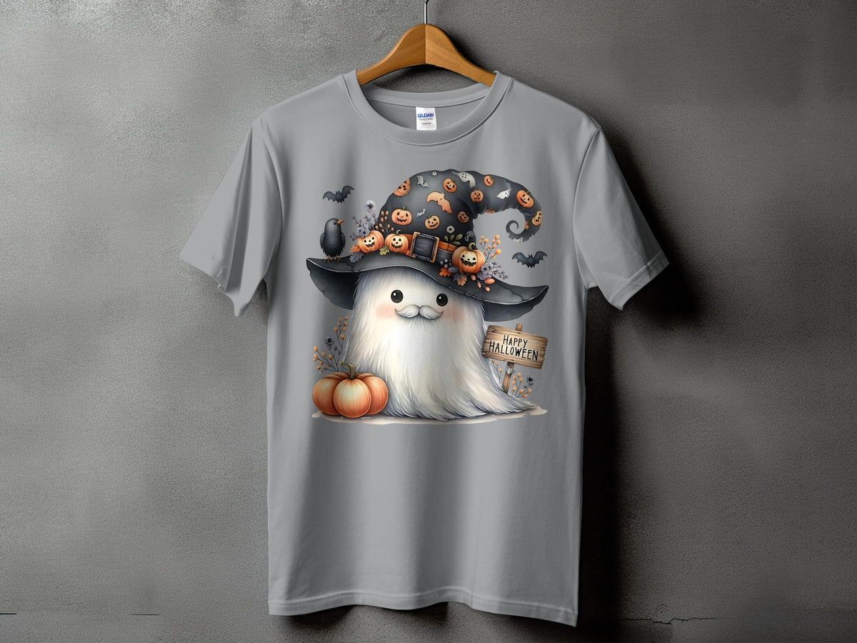 Grey t-shirt with a Halloween ghost wearing a witch hat and holding a sign.