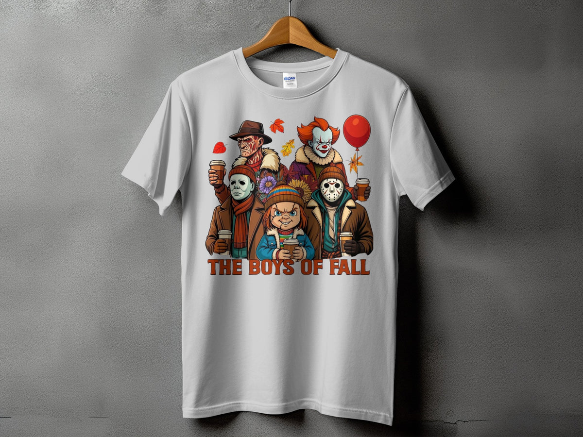 Horror movie characters in autumn attire holding coffee cups, text "The Boys of Fall".