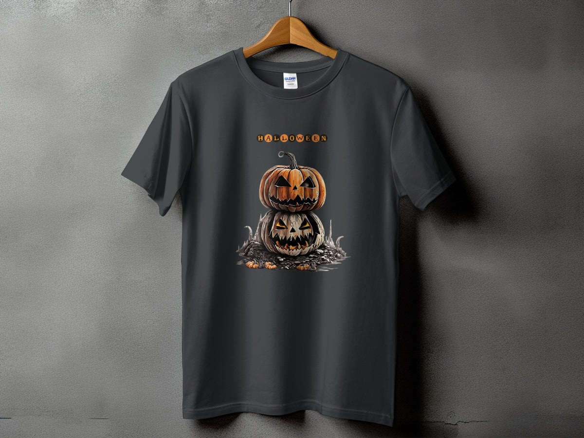 Dark gray t-shirt with stacked jack-o'-lanterns and "HALLOWEEN" text graphic.