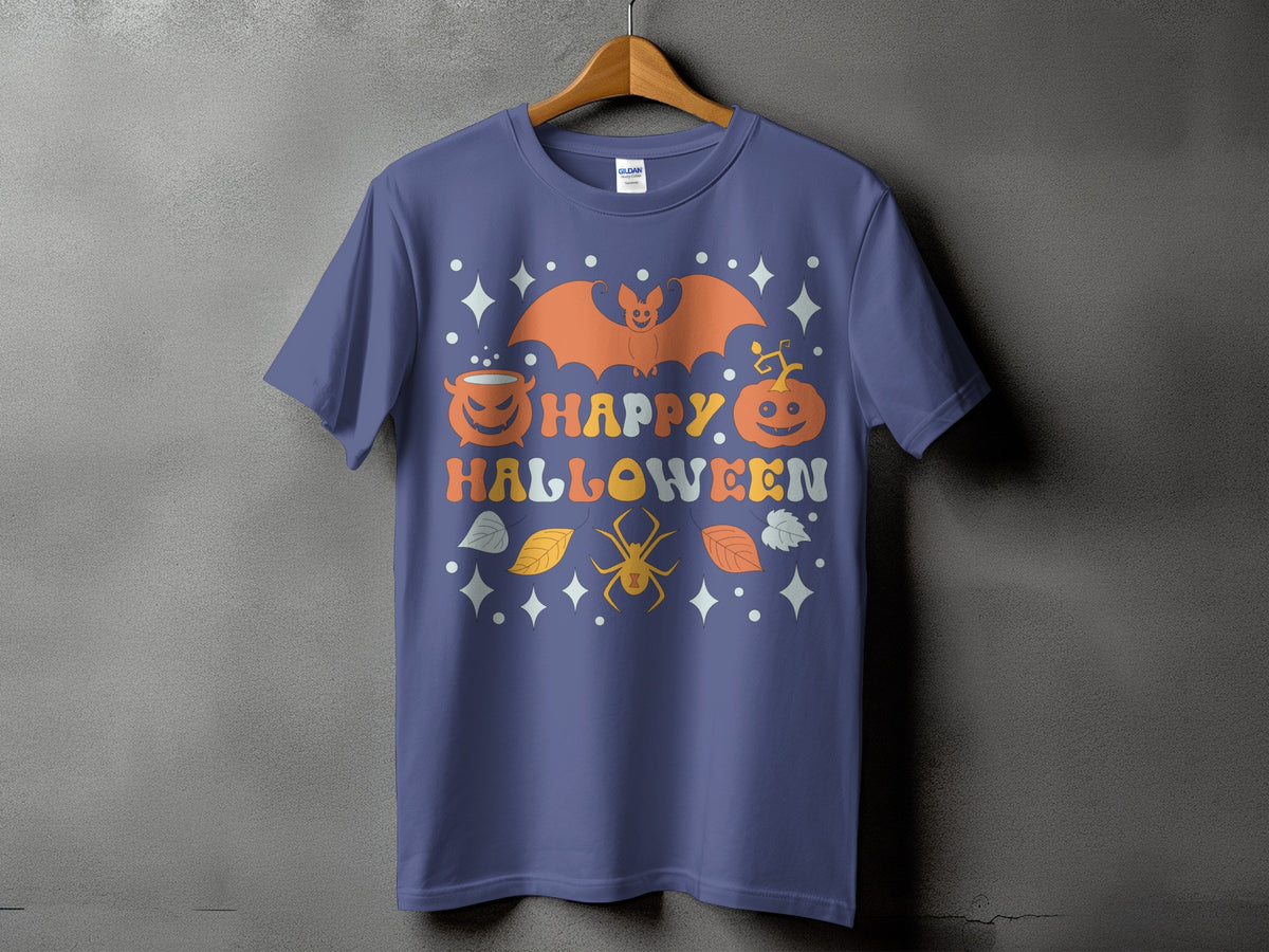 Retro Halloween t-shirt with bat, pumpkin, cauldron, spider, and text.