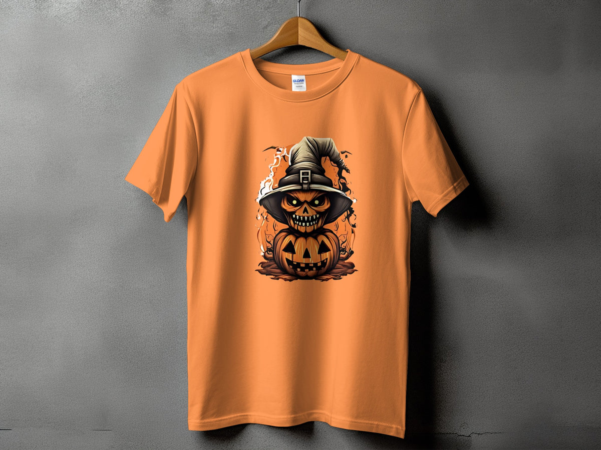 Orange t-shirt with a jack-o'-lantern character wearing a witch hat.