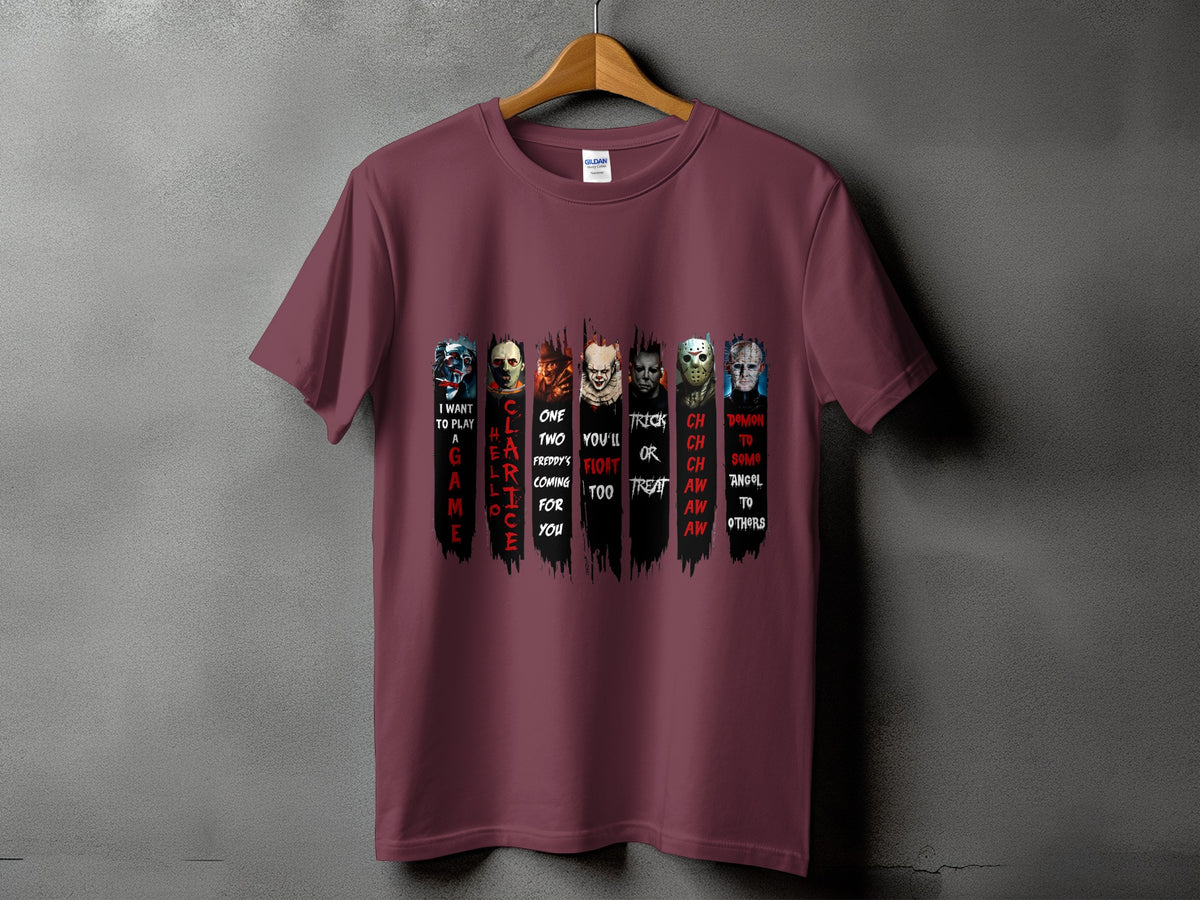 Maroon t-shirt with horror movie characters and game-themed text.