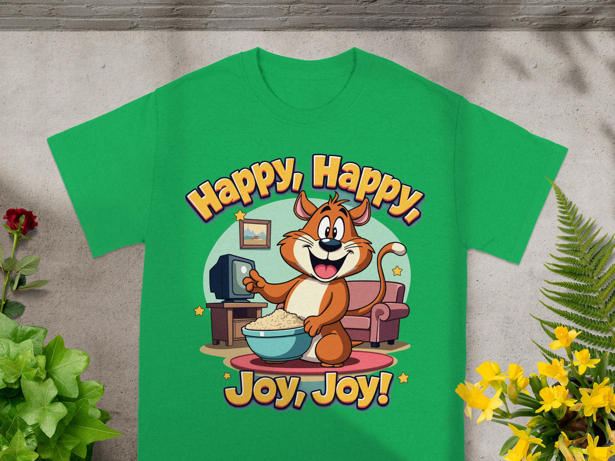 Cartoon cat with popcorn in front of a TV and couch, text "Happy, Happy, Joy, Joy!"