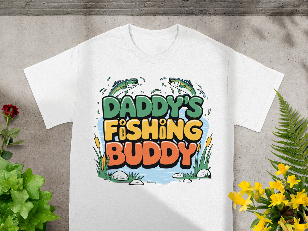 White t-shirt with "Daddy's Fishing Buddy" text, cartoon fish, and cattails.