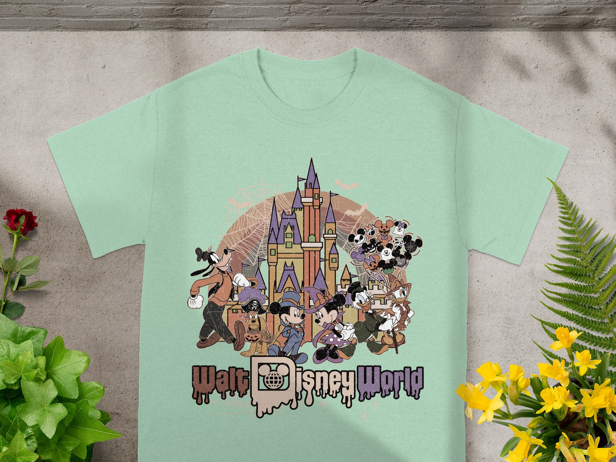 Walt Disney World graphic with characters and Cinderella Castle on a mint green t-shirt.