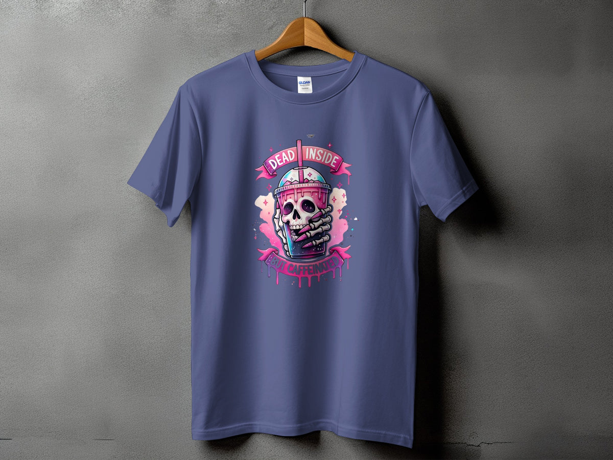 T-shirt with skull holding coffee cup graphic and text "Dead Inside, But Caffeinated."