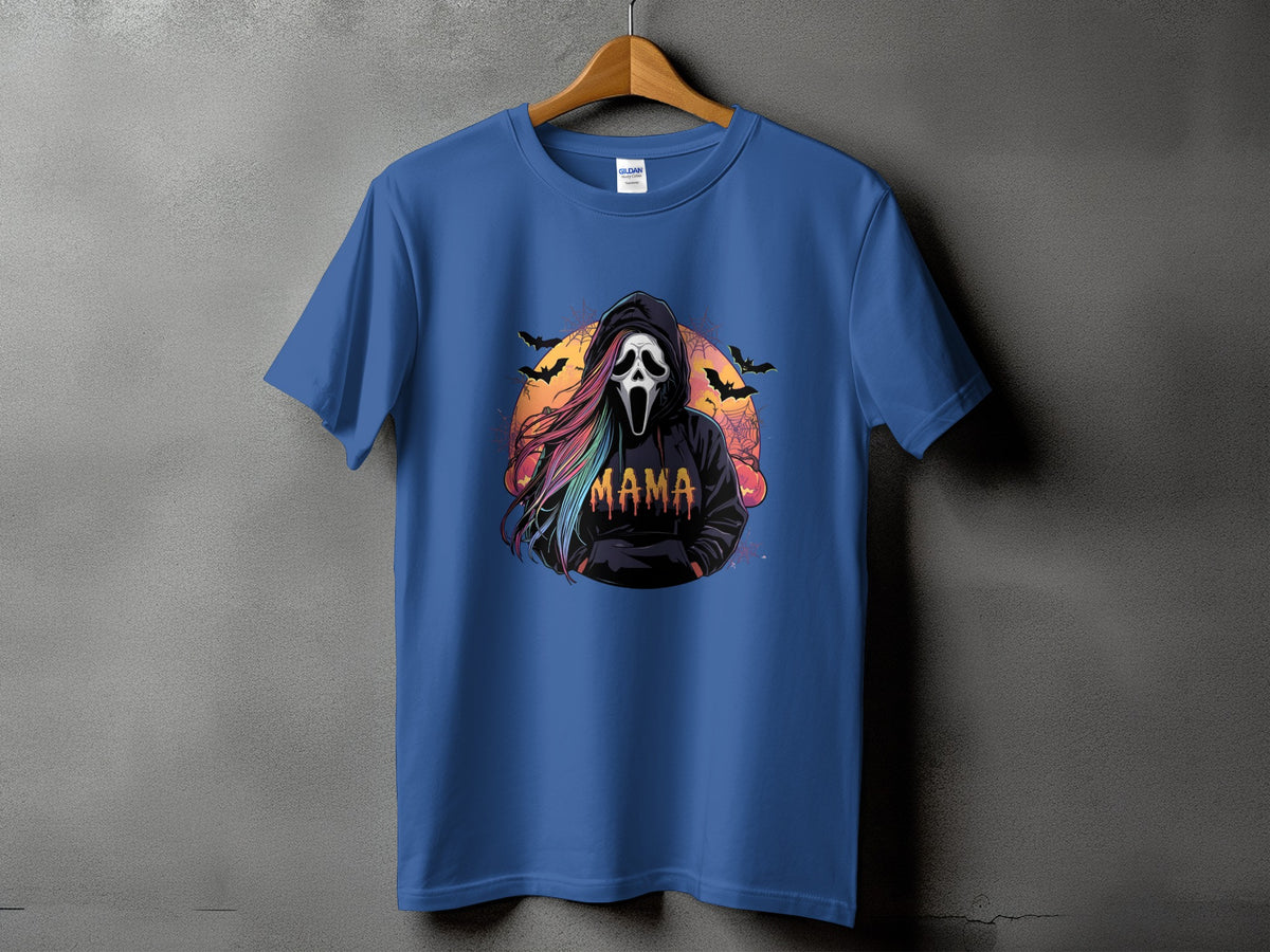 Blue t-shirt with ghost mask graphic and "Mama" text.