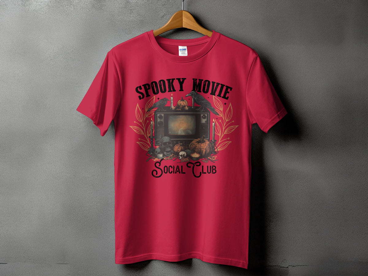 Red t-shirt with "Spooky Movie Social Club" text and Halloween graphic.