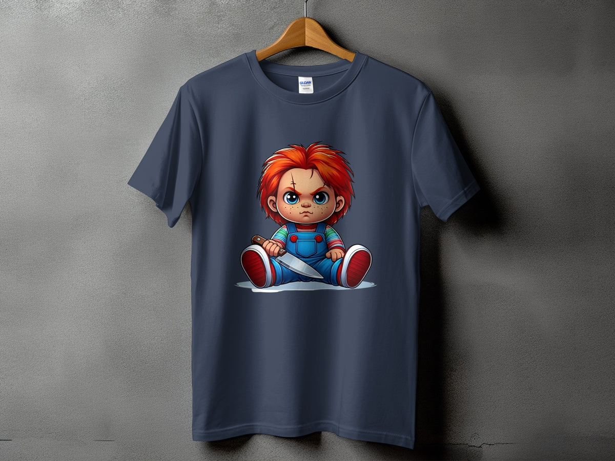 Chucky doll graphic on a dark blue t-shirt with a knife.