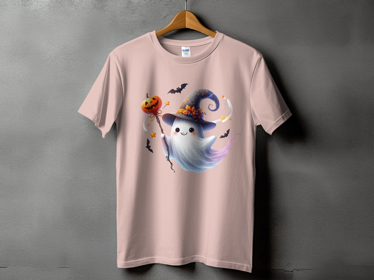 Pink t-shirt with a cute ghost holding a jack-o'-lantern wand.