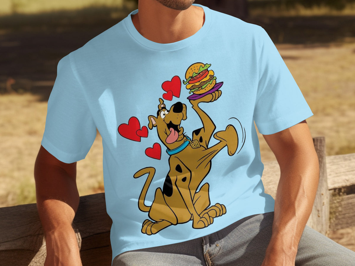 Cartoon Dog with Hearts and Burger Light Blue T-Shirt