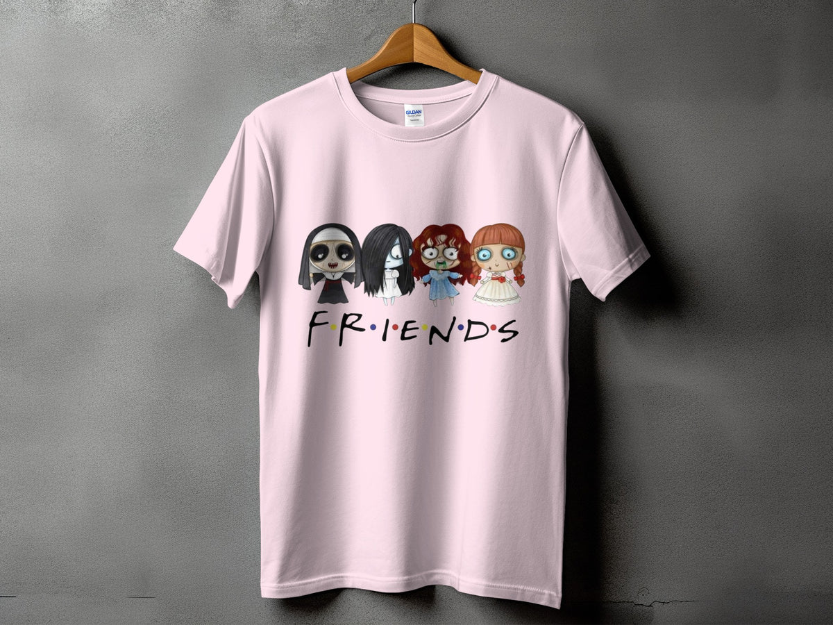 Light pink t-shirt with four horror characters and "FRIENDS" text.