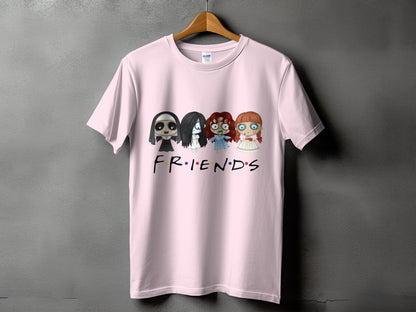 Light pink t-shirt with four horror characters and "FRIENDS" text.