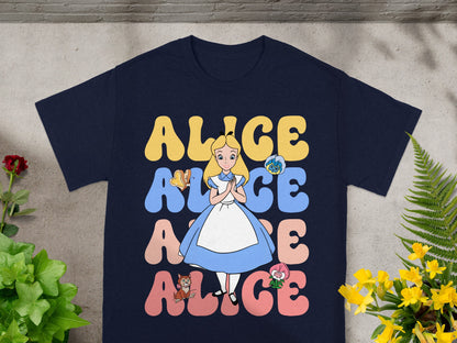 Navy t-shirt with "ALICE" in large, colorful letters and Alice in Wonderland characters.