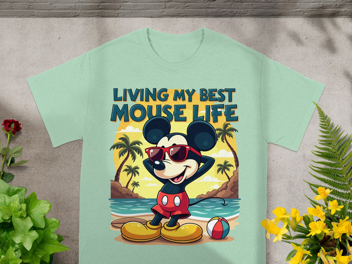 Mickey Mouse on a beach with text "Living My Best Mouse Life".