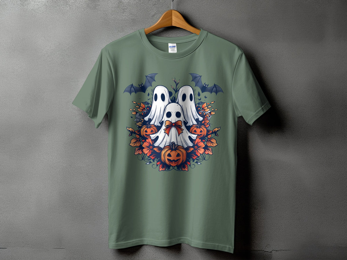 Green t-shirt with a Halloween design featuring ghosts, pumpkins, bats, and floral accents.