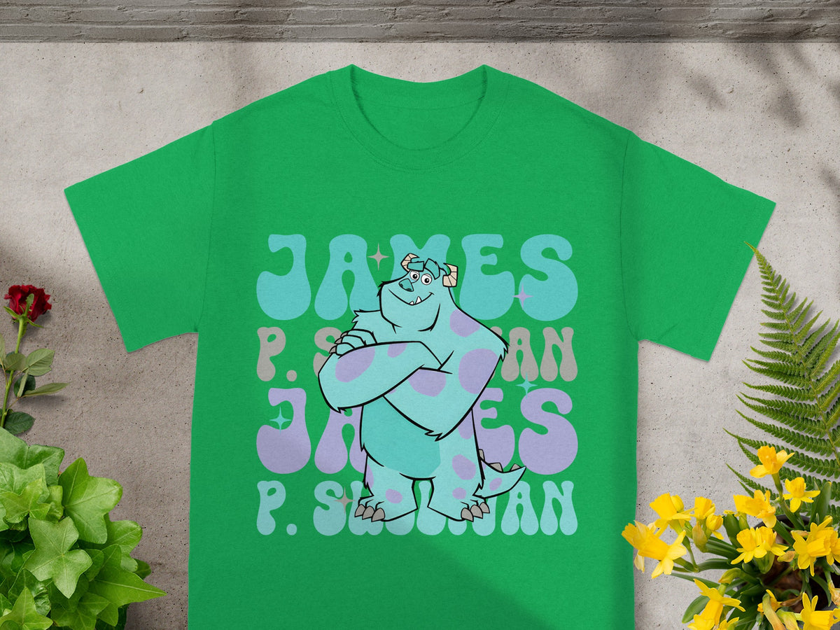 Green t-shirt with "James P. Sullivan" in stylized blue and purple lettering.