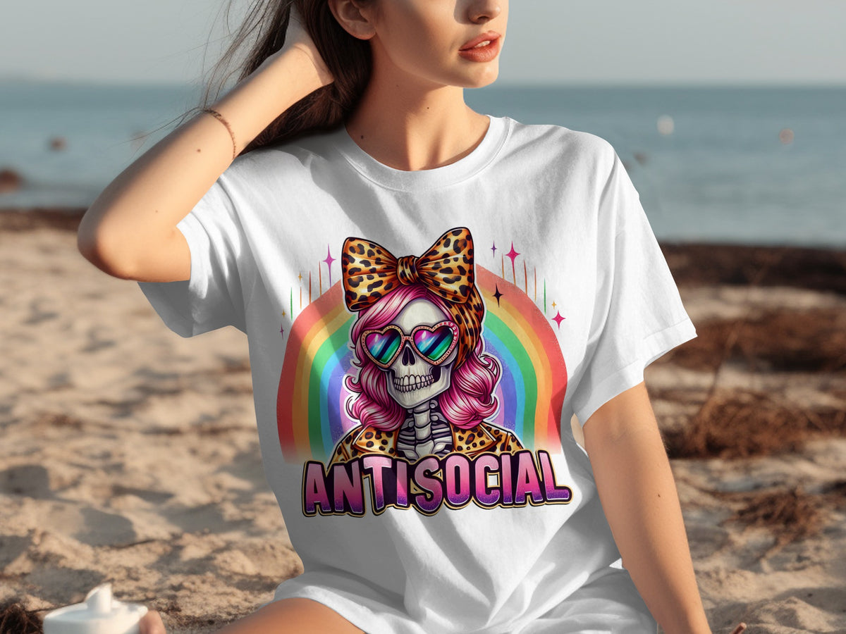 Antisocial Rainbow Skull with Leopard Hair Bow T-Shirt