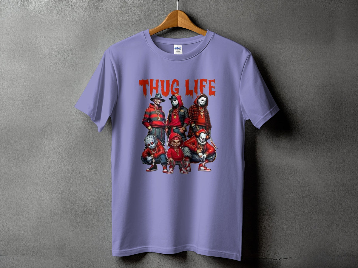 Lavender t-shirt with "THUG LIFE" text and horror characters.