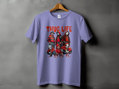 Lavender t-shirt with "THUG LIFE" text and horror characters.