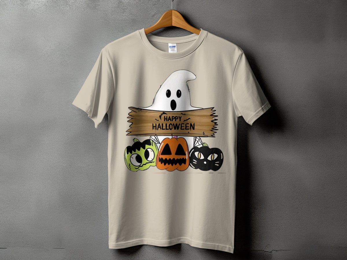 T-shirt with a ghost, pumpkins, and "Happy Halloween" text.