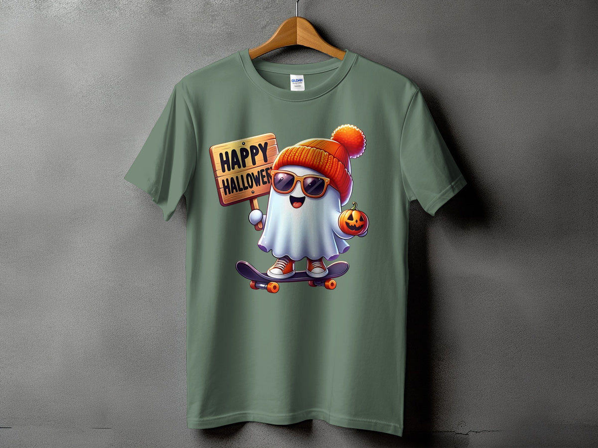 Green t-shirt with cartoon ghost on skateboard holding "Happy Halloween" sign.