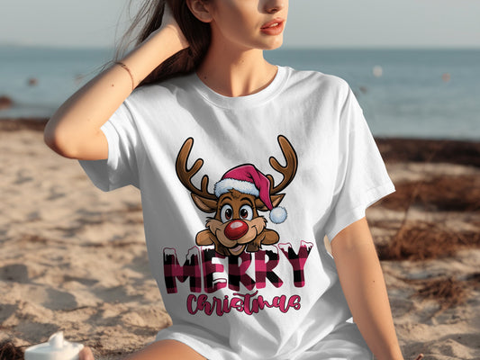 Merry Christmas Reindeer With Santa Hat T-shirt