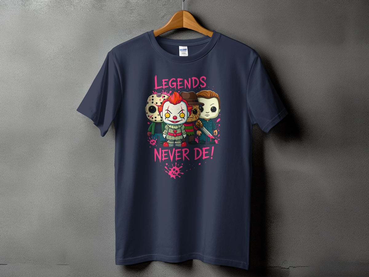 T-shirt with cartoon horror characters and "Legends Never De!" text.